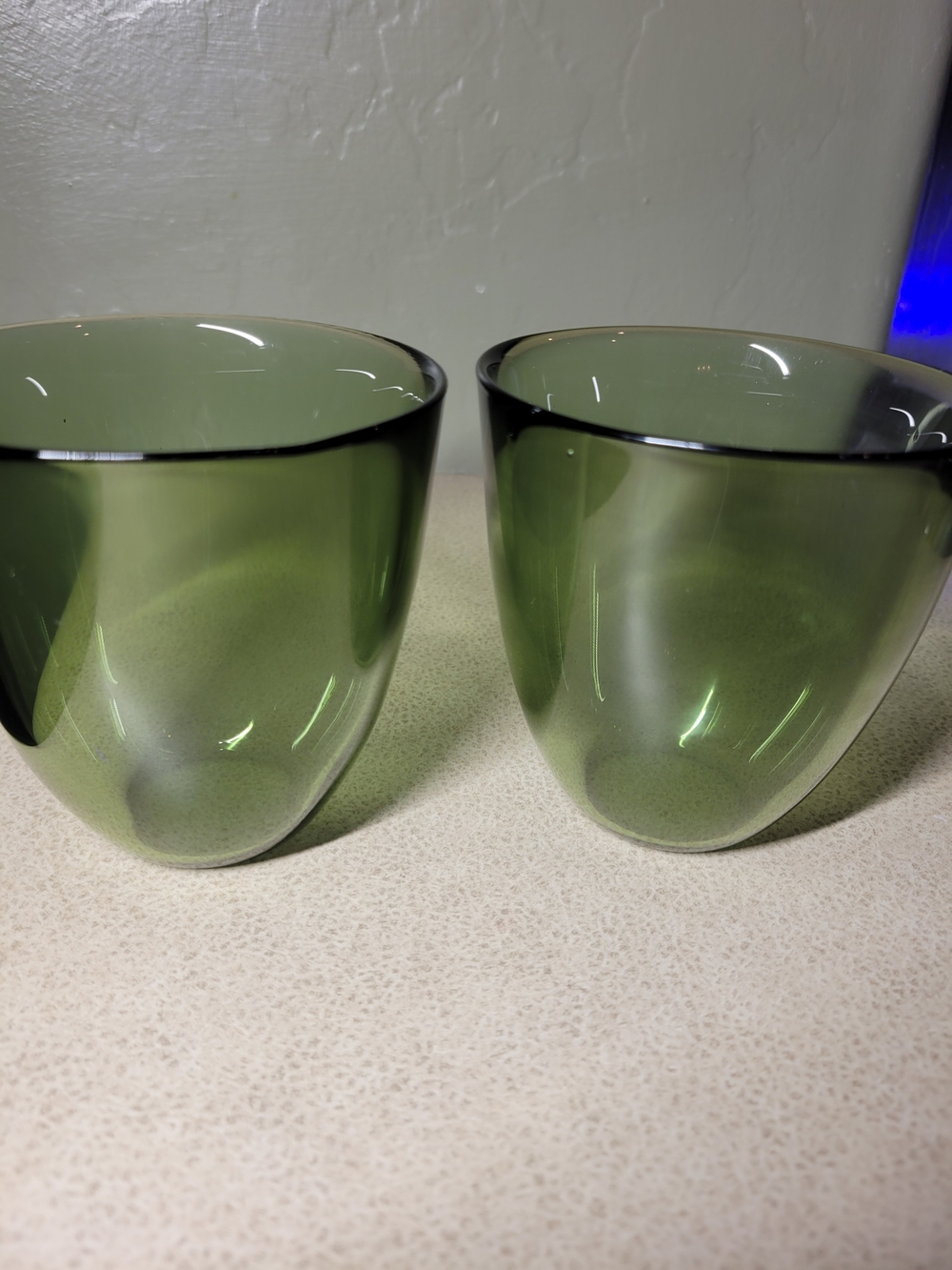 Mid Century Modern Set 2, 4 Inch Tall Olive Green Glass Tumblers/Juice Glasses